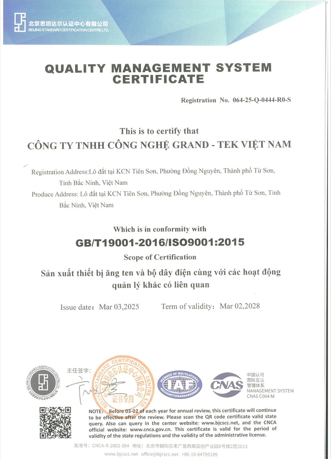 Grand-Tek Vietnam Technology Company Limited(GTT VN) ISO-9001 certified - Grand-Tek